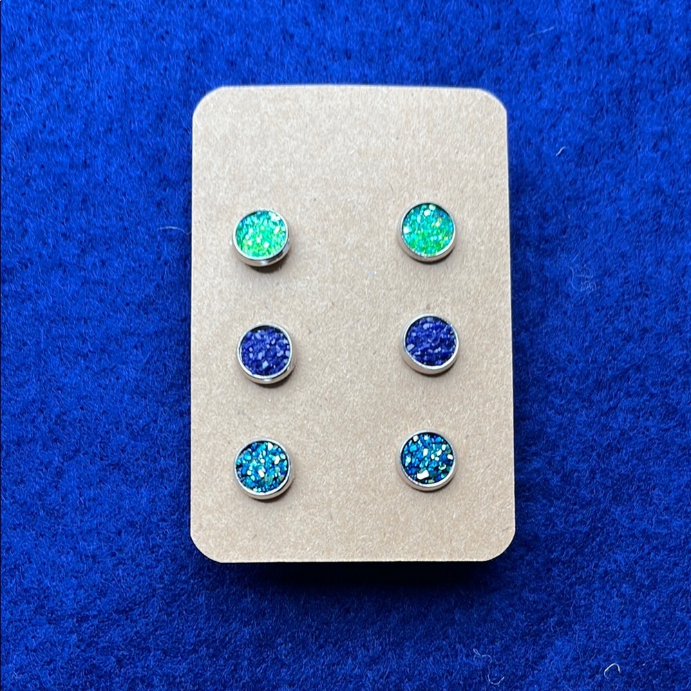 Sparkling Blue and Green Stud Earrings Set